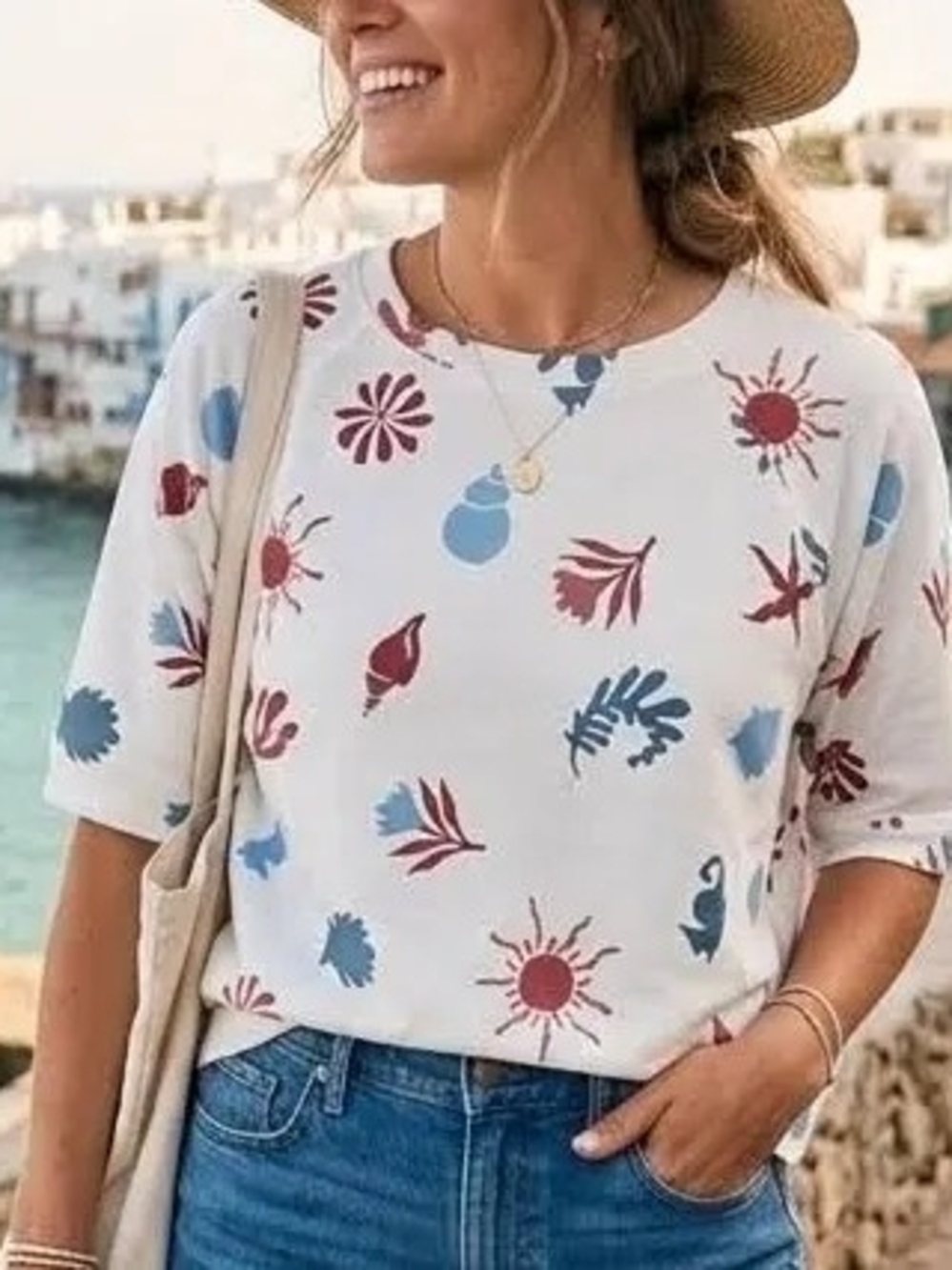 Women's Summer White Floral Print Elbow Sleeves Top By Bobeau Size Medium